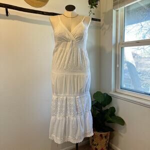 Y2K Cute Options White 100% Cotton Lace Crochet Tiered Maxi Dress Size Large